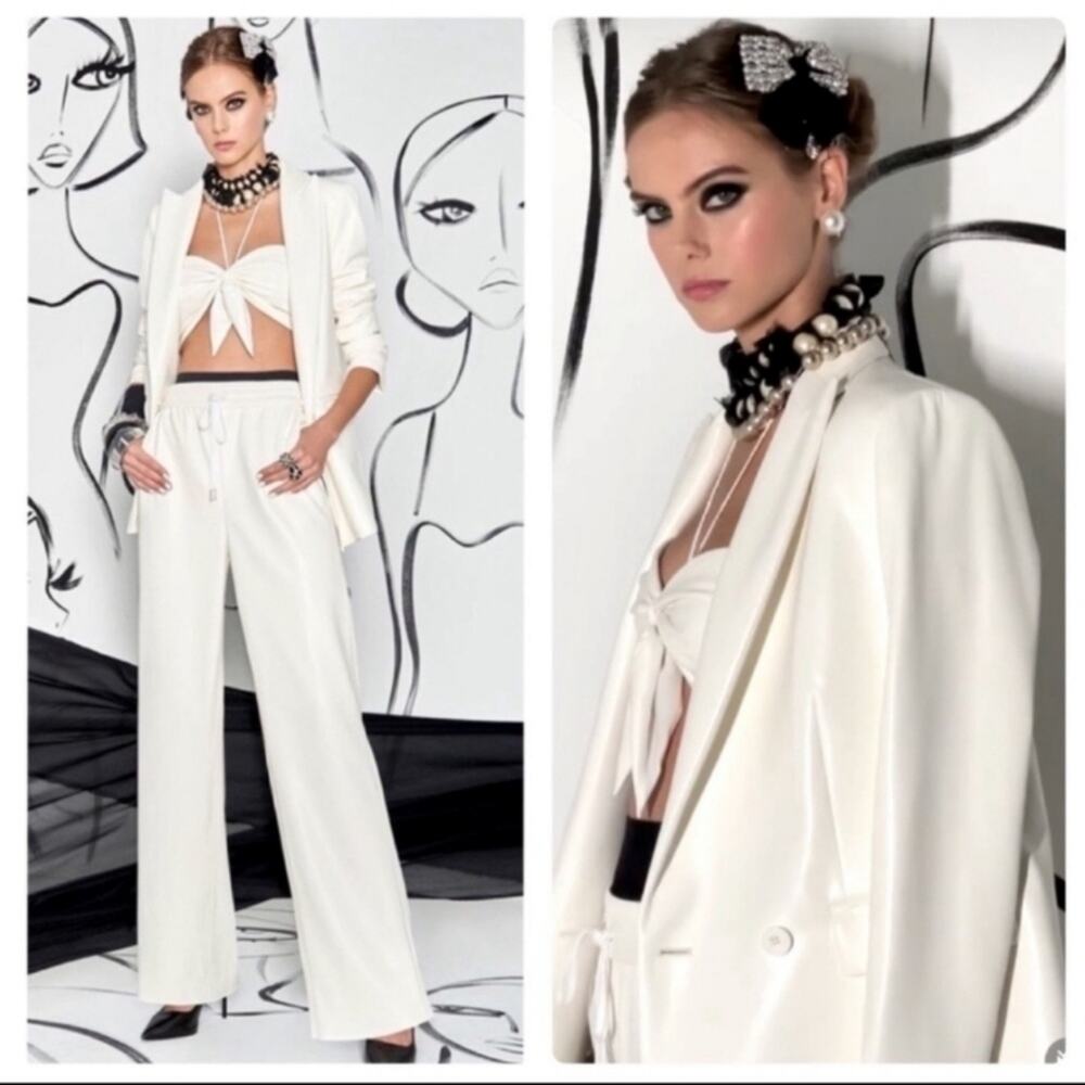 Alice & Olivia Blazer Sz XS WHITE SHIMMER Denny Ecru Satin Viscose Party Dressup